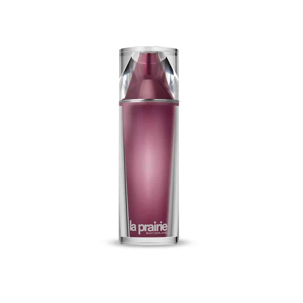 La Prairie Cellular Platinum Life Lotion in a burgundy and silver bottle, 115ML size.