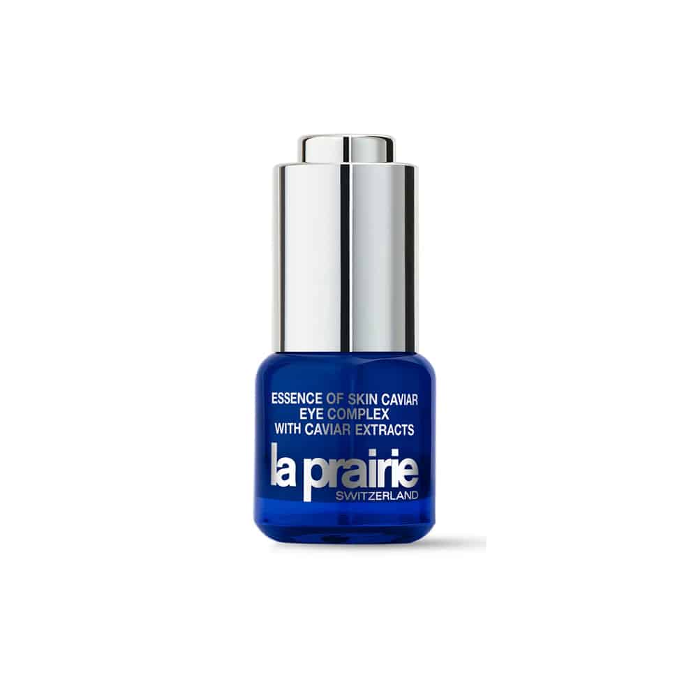 La Prairie Skin Caviar Eye Complex in elegant blue and silver glass and metal packaging.