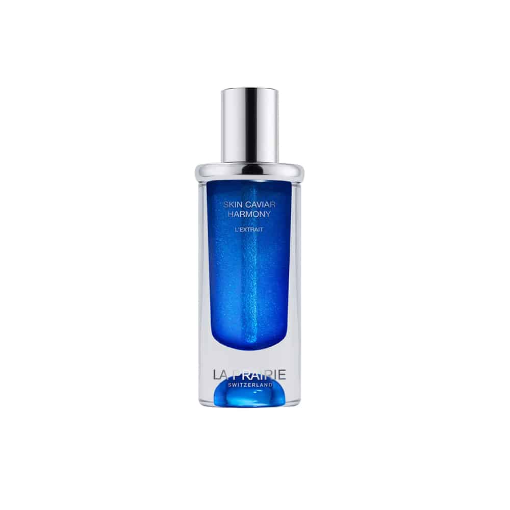 La Prairie Skin Caviar Harmony L'Extrait in a cobalt blue glass bottle with silver accents.