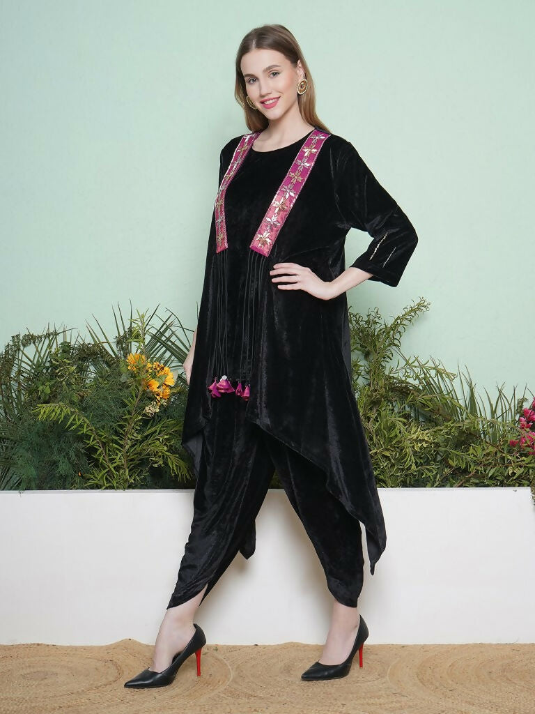 Black Dhoti Salwaar Set with Hand Embellished Velvet Jacket