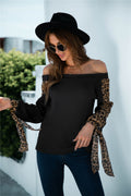 Womens Long Sleeve Waffle Knit Top with Leopard Print Sleeves - Image 2
