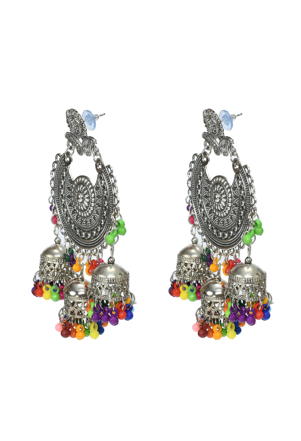 Silver and Multicolor Jhumka Earrings with Maang Tikka Set