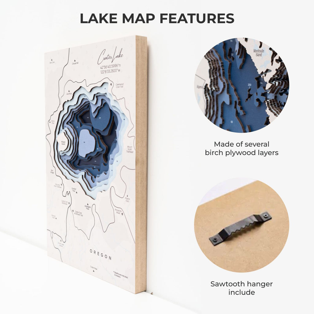Crater Lake Wooden Wall Map Nature-Inspired Art
