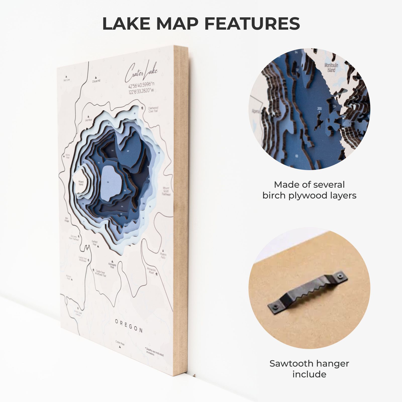Crater Lake Wooden Wall Map Nature-Inspired Art