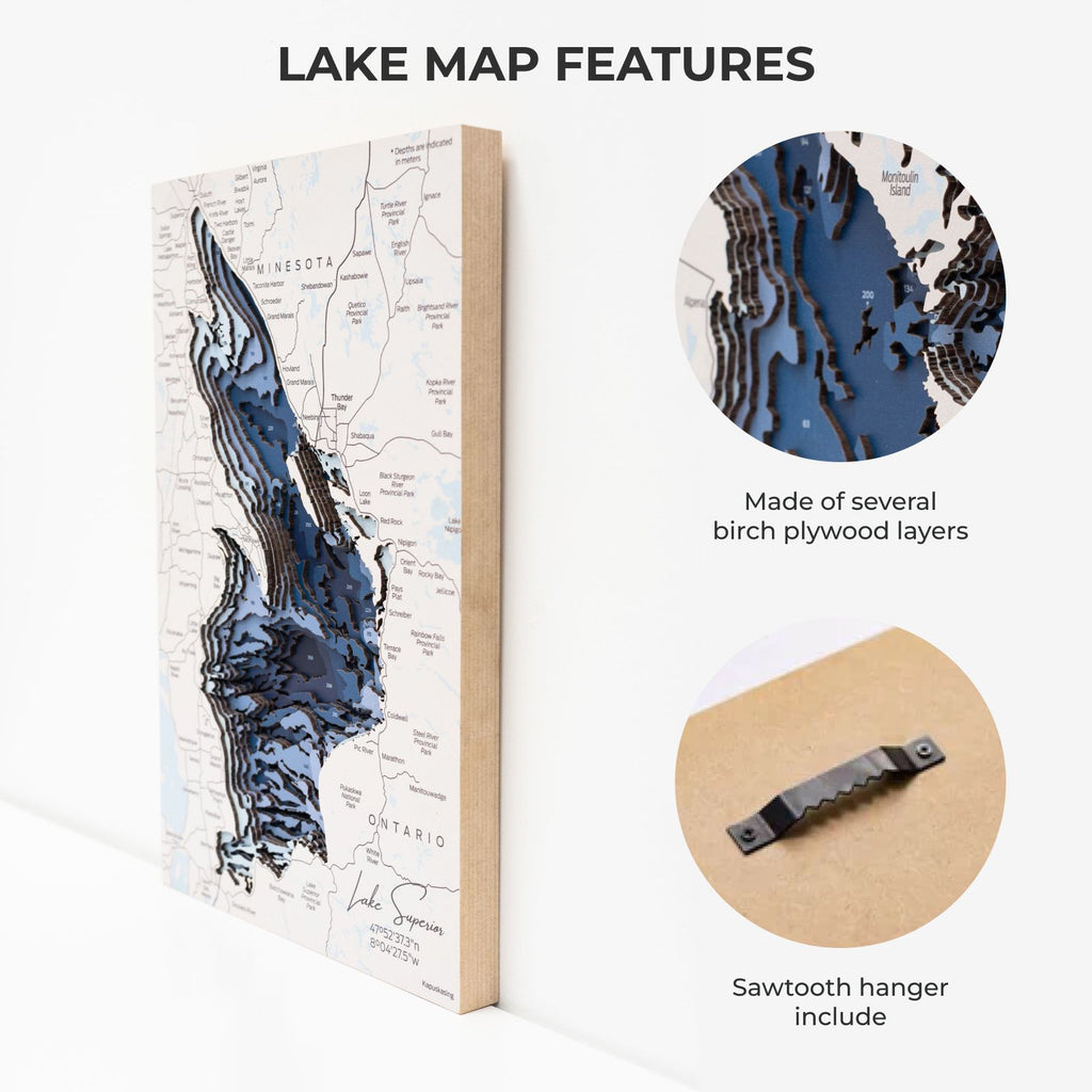 Lake Superior Wooden Wall Art – Coastal Nautical Bathymetric Map