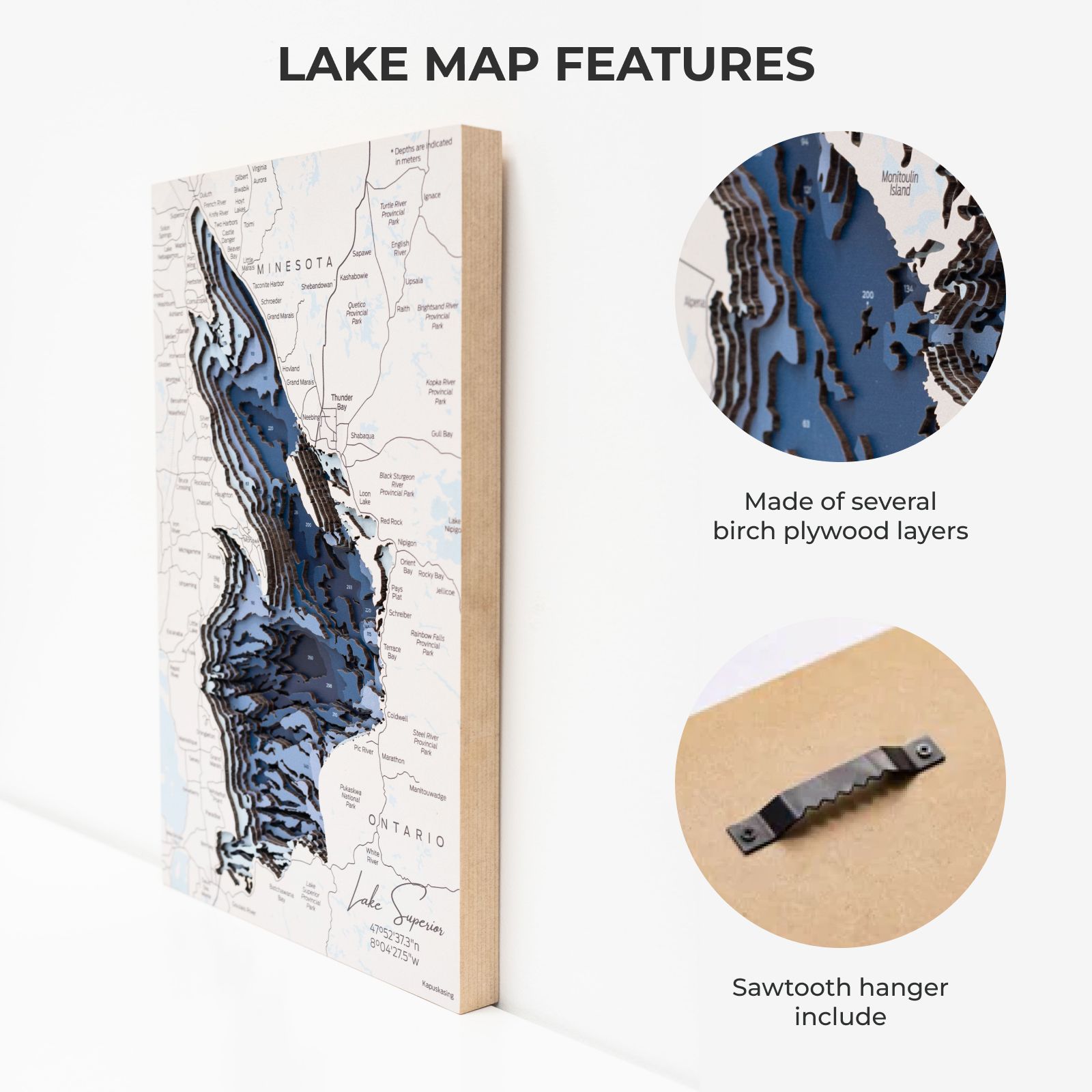 Lake Superior Wooden Wall Art – Coastal Nautical Bathymetric Map