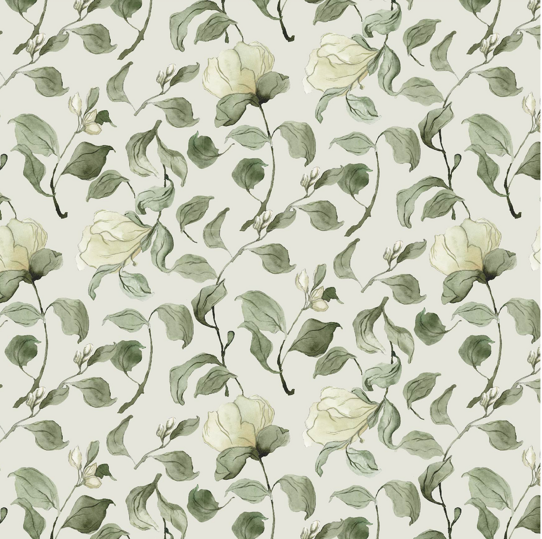 Lancaster Floral Wallpaper in White, Green, Cream, and Black