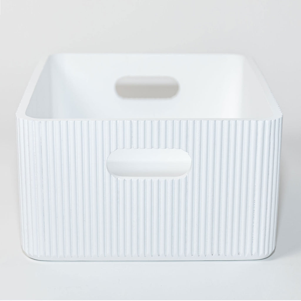 Wooden Ribbed Bin in White Decorative Fluted Storage Organizer - Image 2