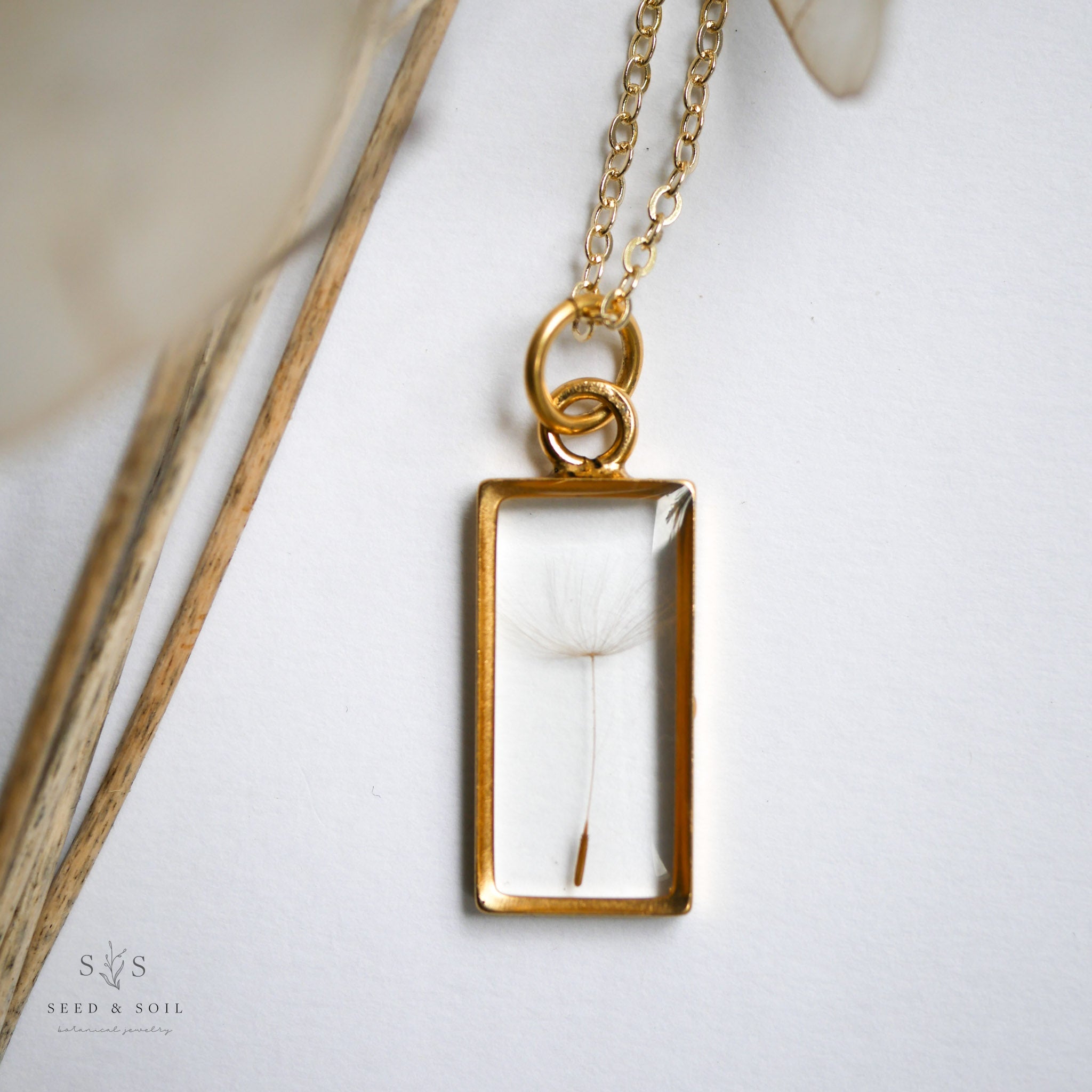 Large Rectangle Botanical Pendant Necklace Gold Silver