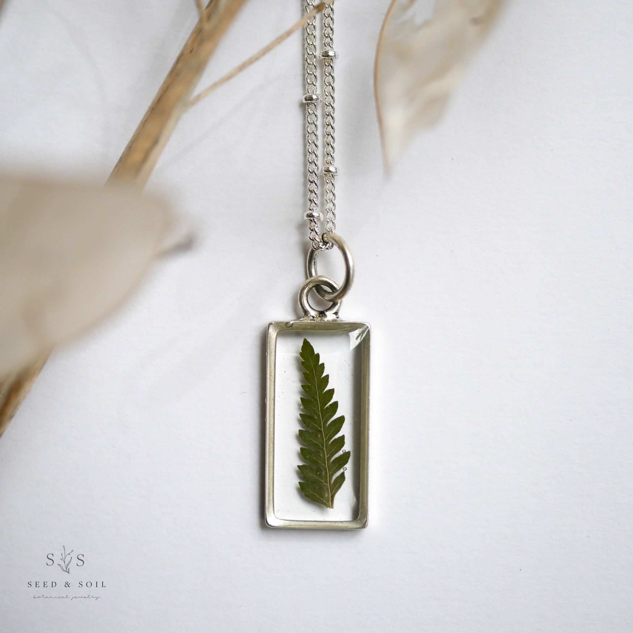 Large Rectangle Botanical Pendant Necklace Gold Silver