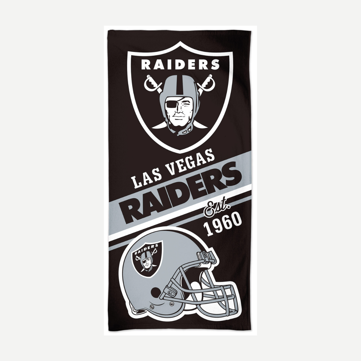 Las Vegas Raiders velour beach towel featuring team helmet and logo on black background