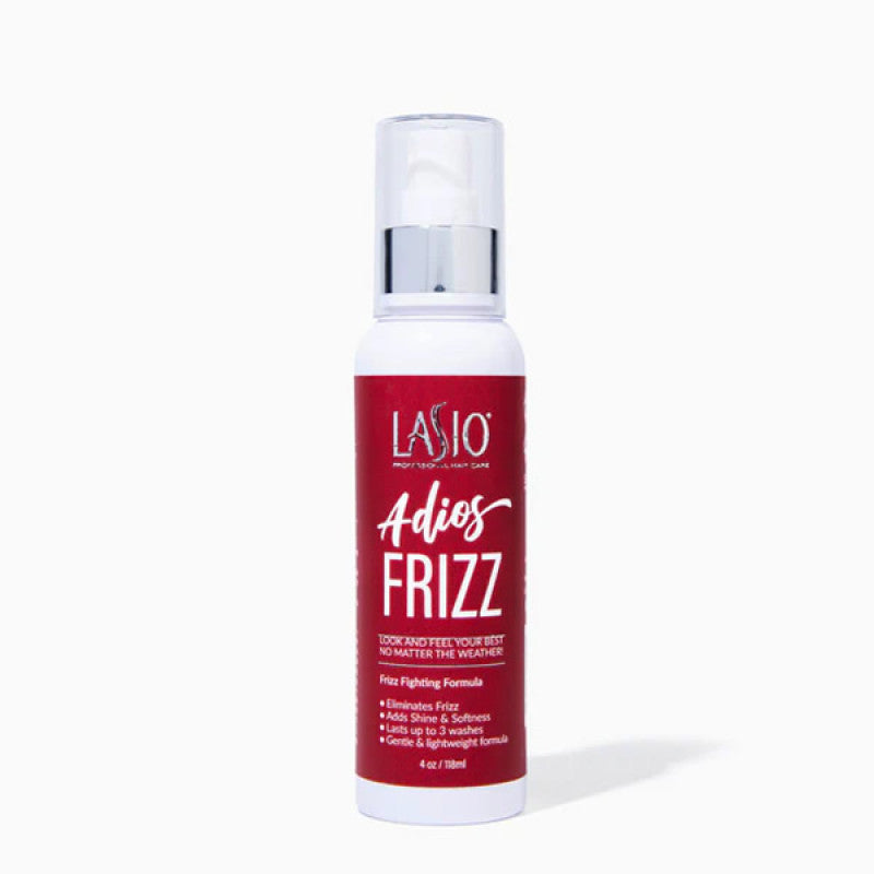 A 4oz bottle of Lasio Adios Frizz smoothing spray for heat protection and shine.