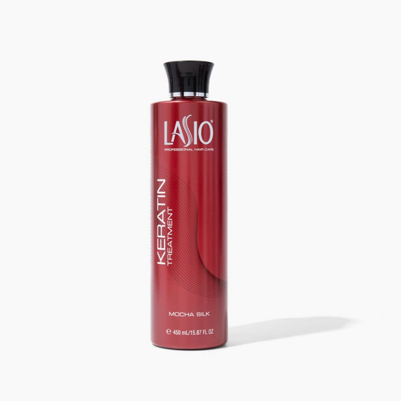 Bottle of Lasio Mocha Silk Keratin Treatment for professional hair smoothing