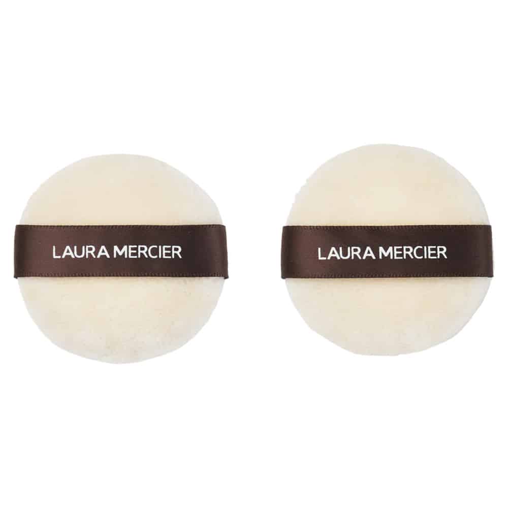Set of two cream and brown velour puffs for loose powder application
