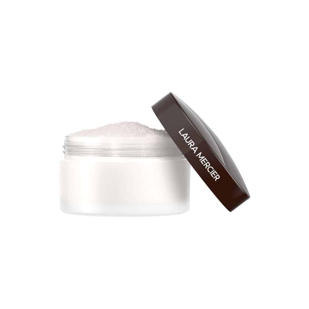Laura Mercier Secret Brightening Powder in a beige and black minimalist container.