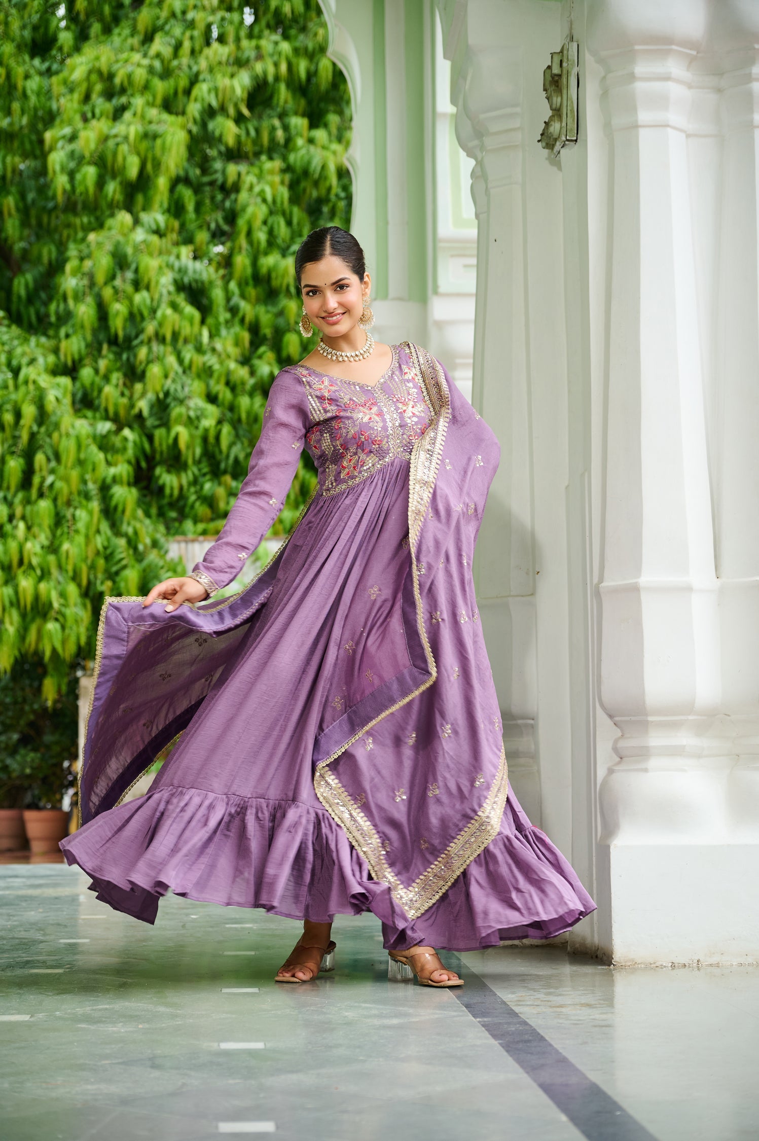 Lavender Vichitra Silk Anarkali Gown with Zari & Thread Embroidery