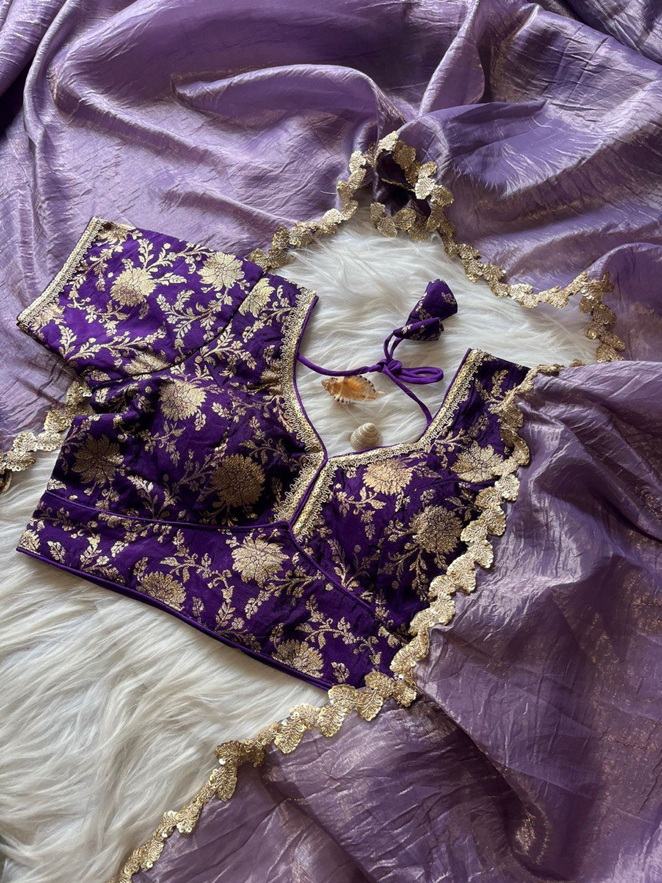 Lavender tissue crush saree with fancy lace and jacquard blouse