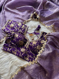 Lavender tissue crush saree with fancy lace and jacquard blouse