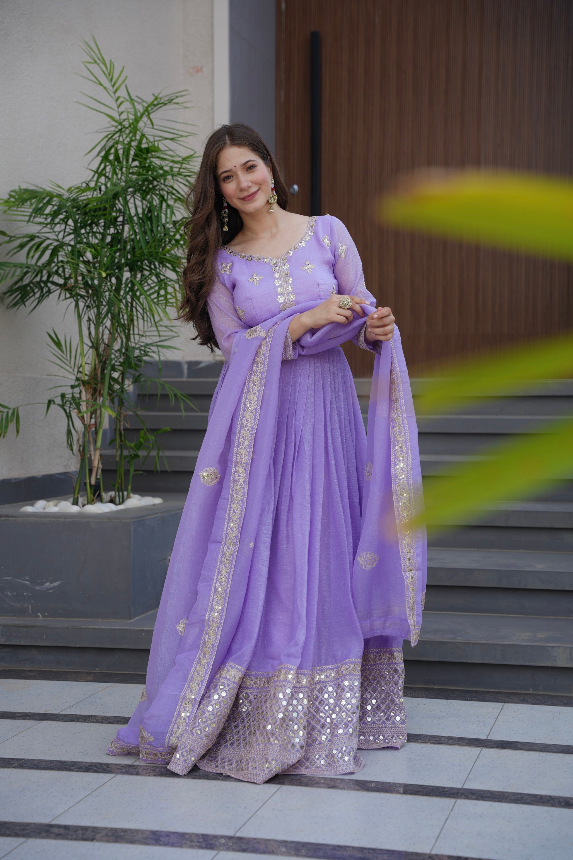 Lavender Crunchy Silk Anarkali Gown with Embroidery and Sequins