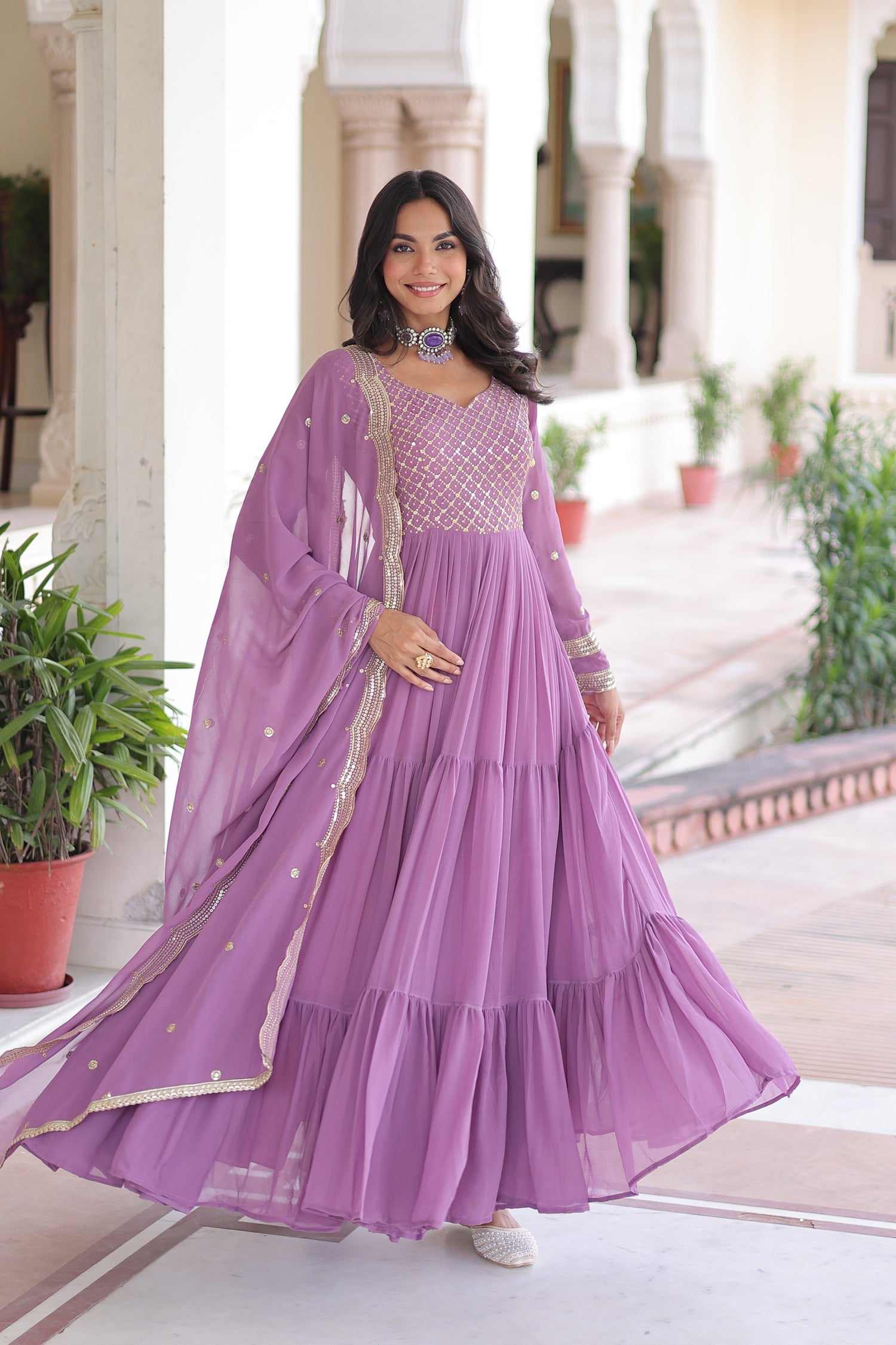 Lavender Faux Georgette Anarkali Gown with Zari and Sequins