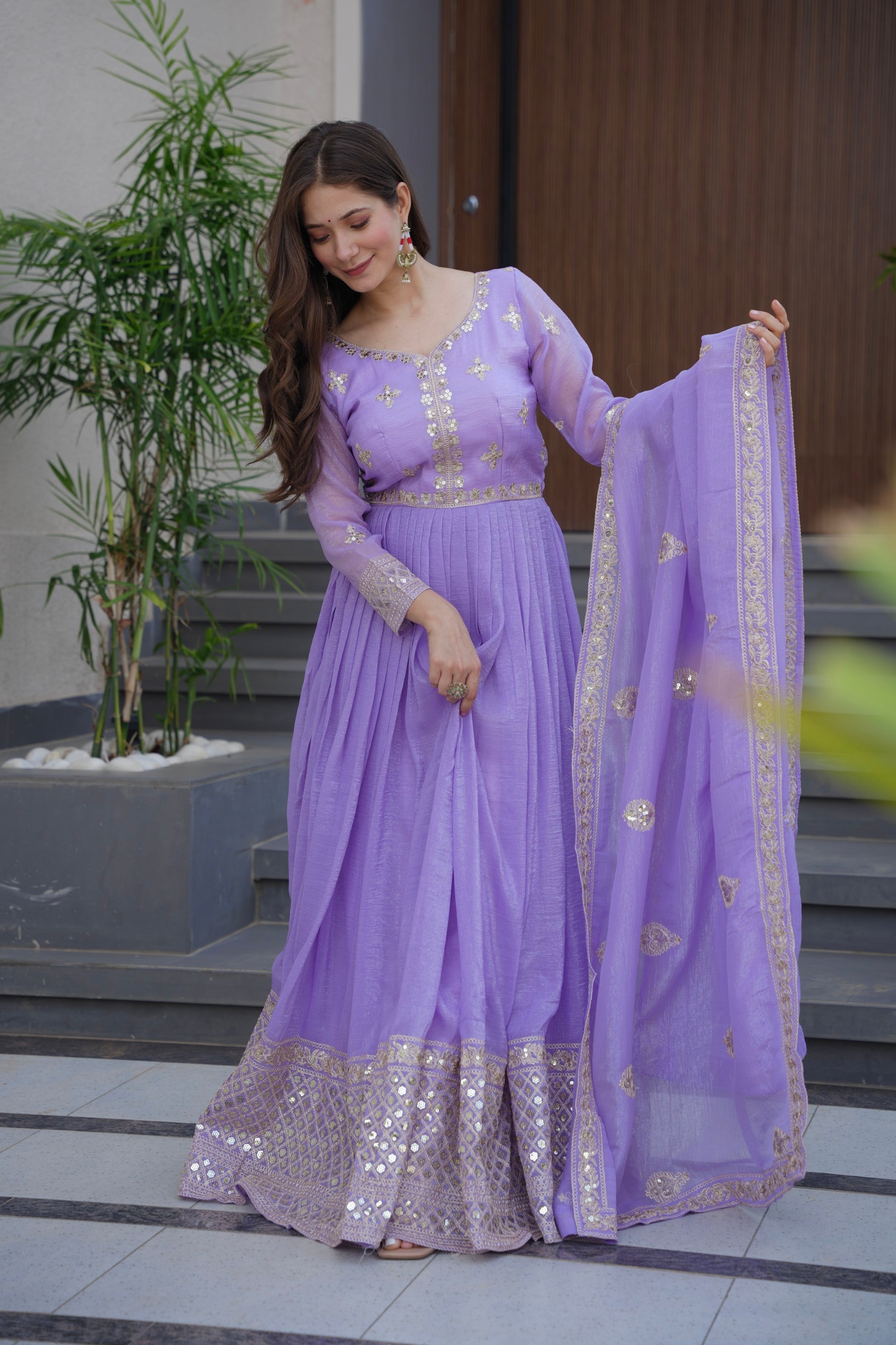 Lavender Crunchy Silk Anarkali Gown with Embroidery and Sequins
