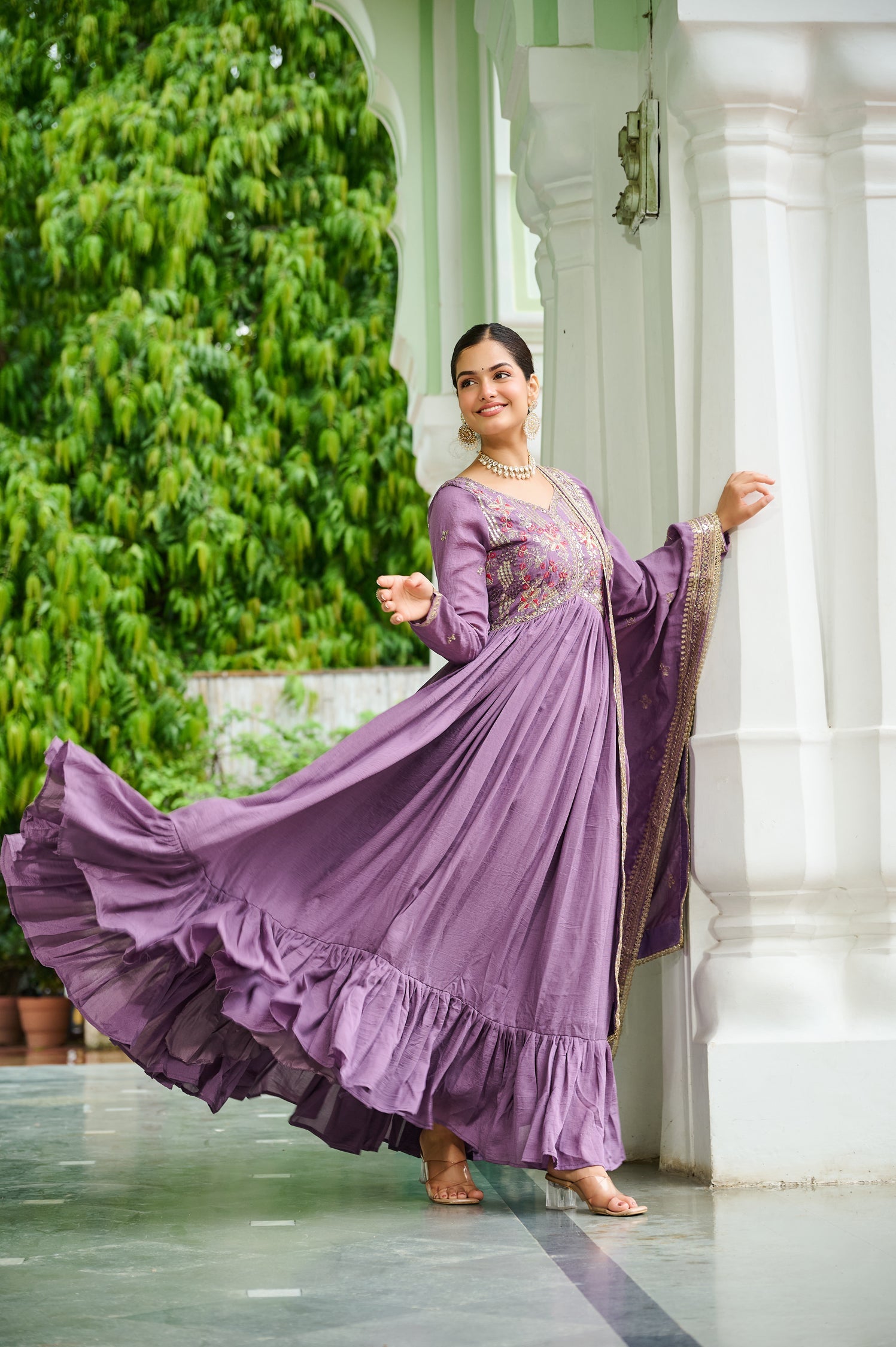 Lavender Vichitra Silk Anarkali Gown with Zari & Thread Embroidery