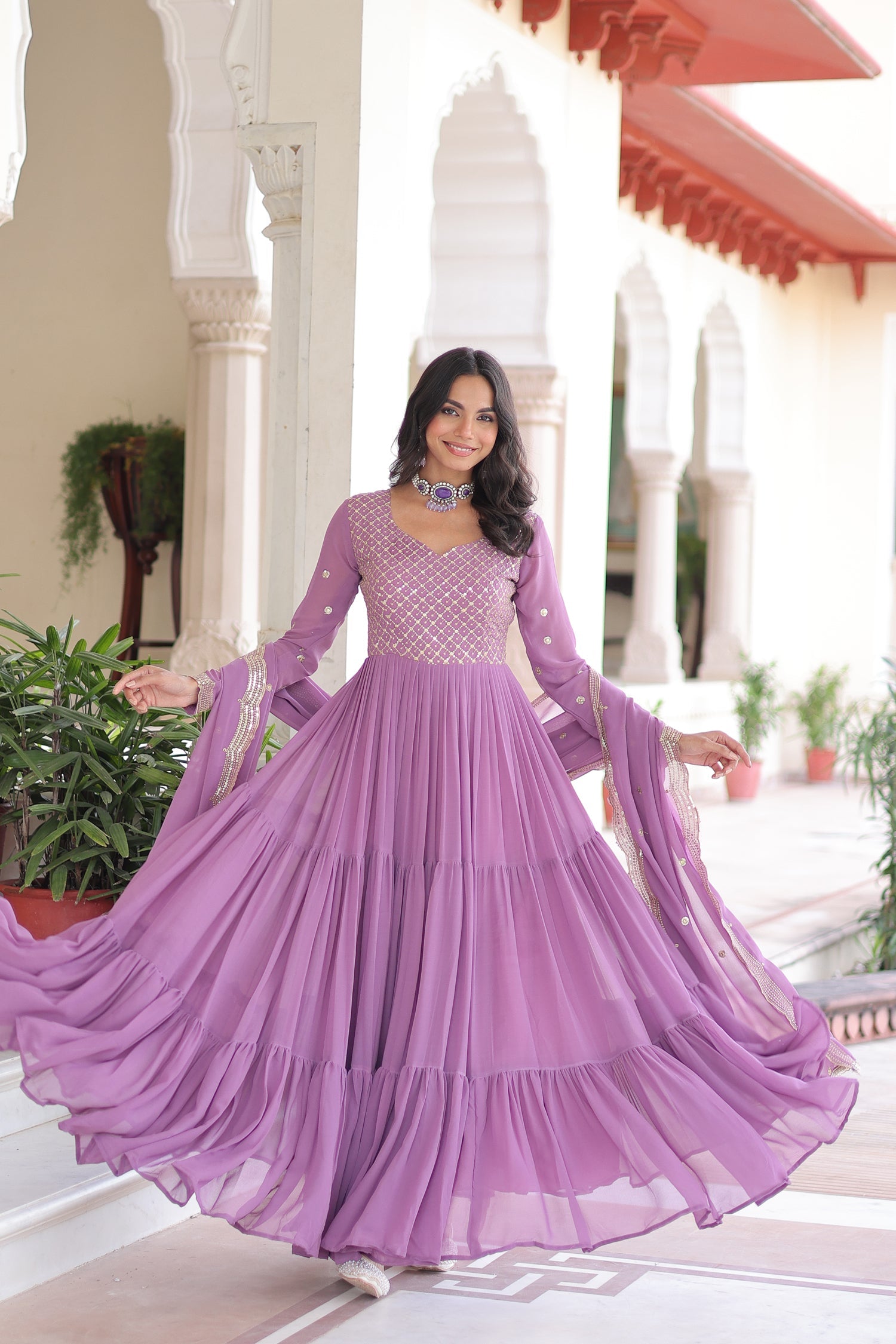 Lavender Faux Georgette Anarkali Gown with Zari and Sequins