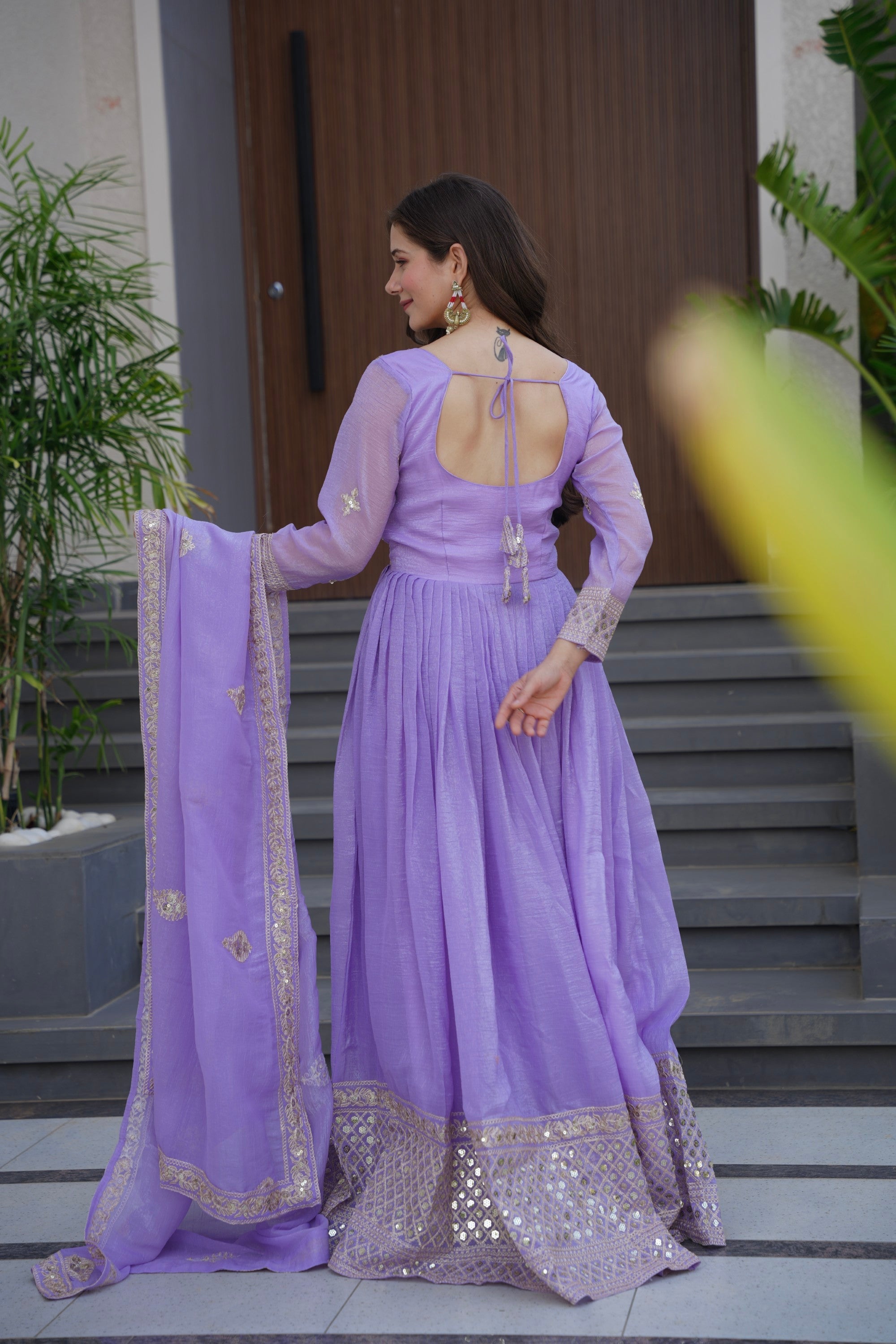 Lavender Crunchy Silk Anarkali Gown with Embroidery and Sequins