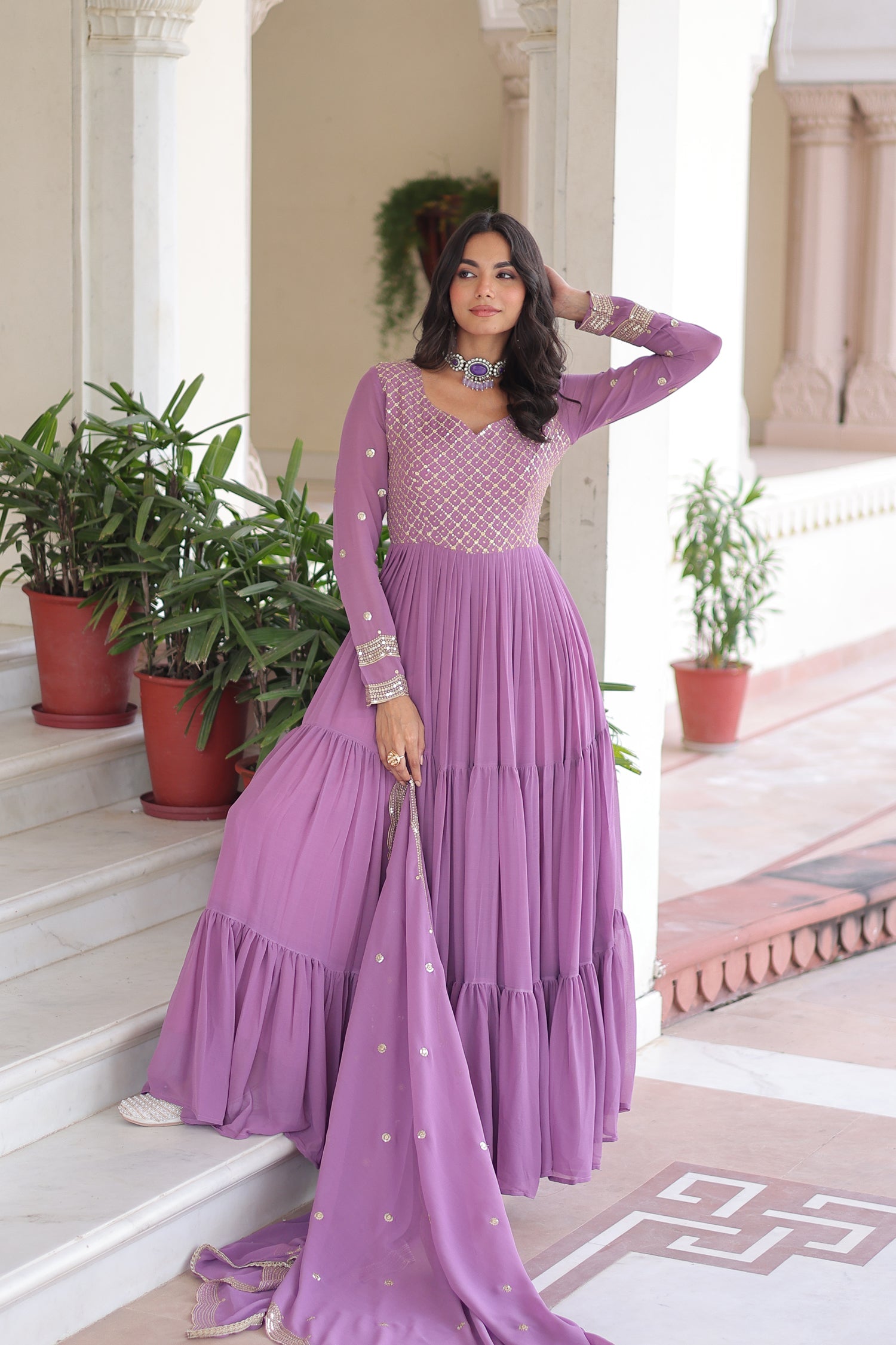 Lavender Faux Georgette Anarkali Gown with Zari & Sequins Work