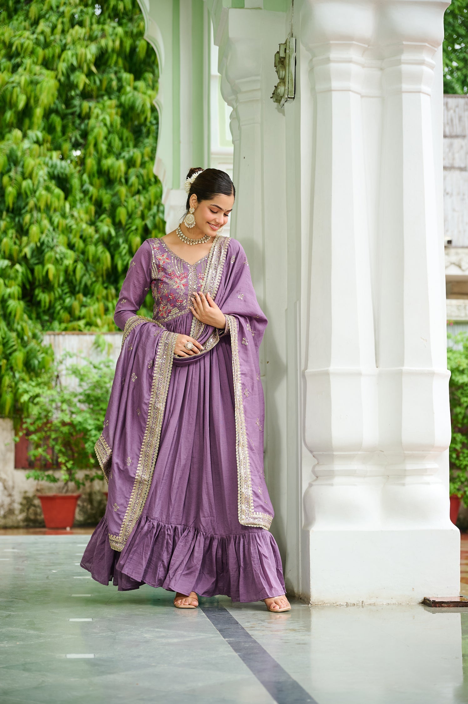Lavender Vichitra Silk Anarkali Gown with Embroidered Zari Work