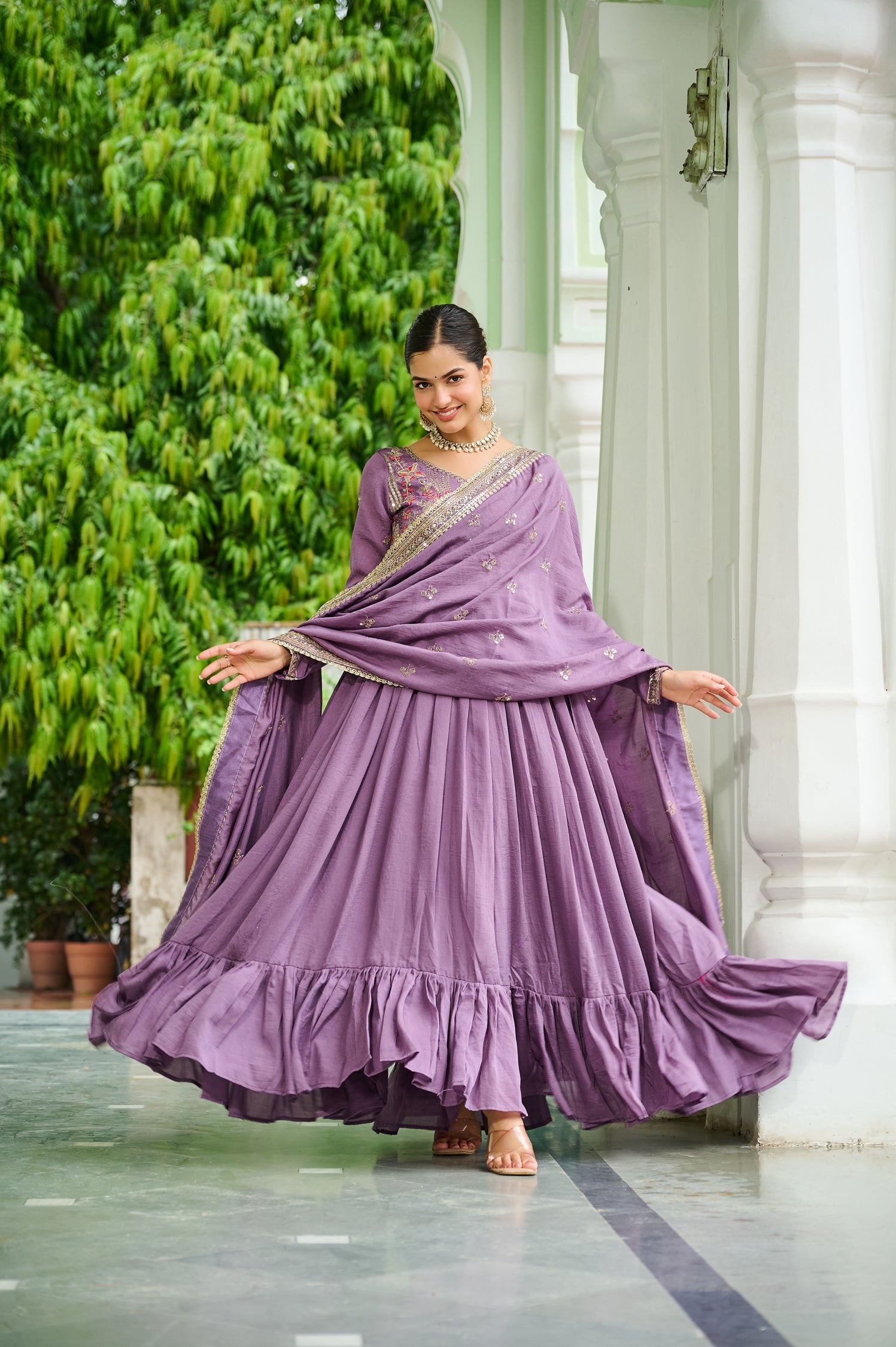 Lavender Vichitra Silk Anarkali Gown with Embroidered Zari Work