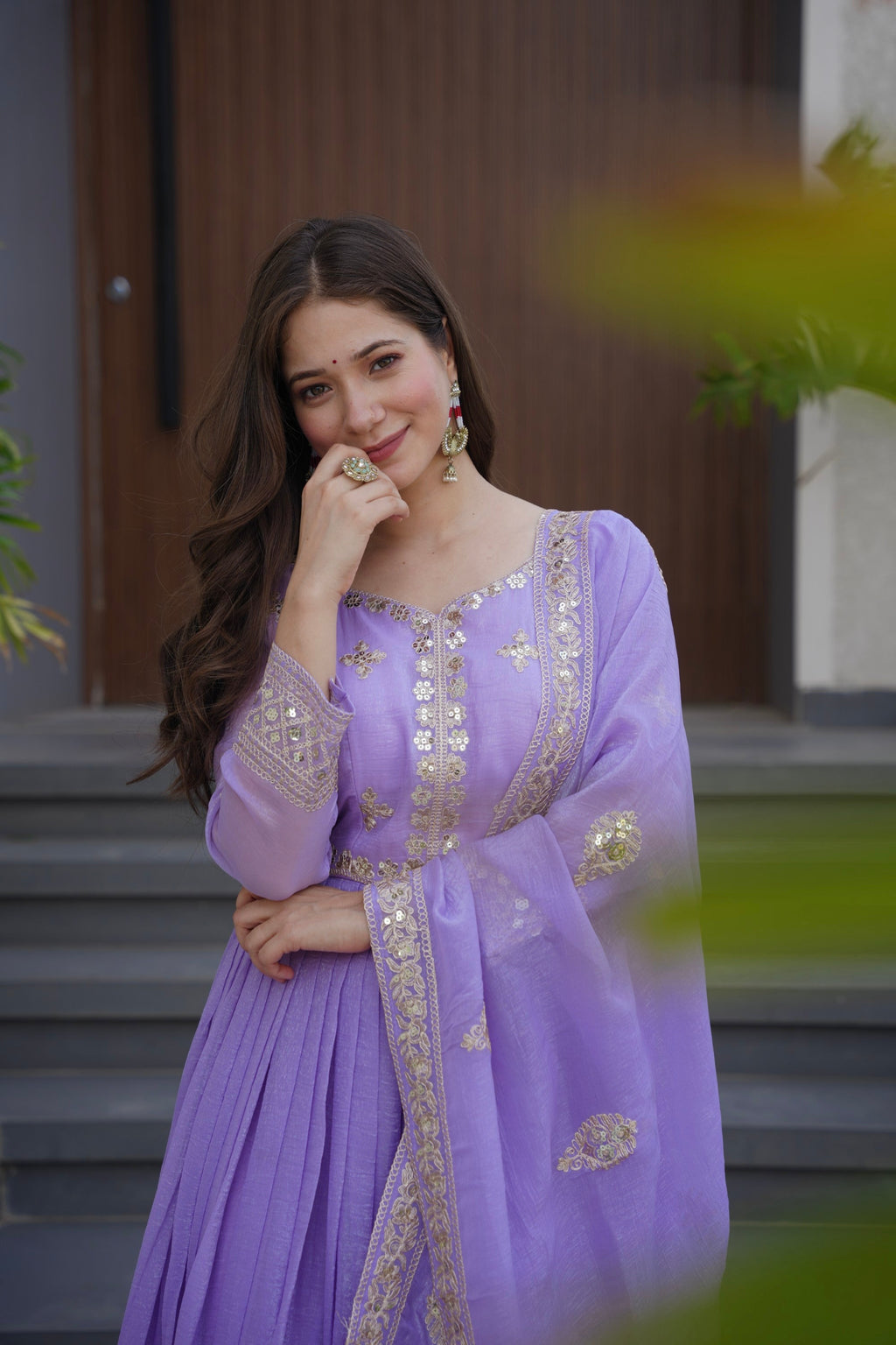 Lavender Crunchy Silk Anarkali Gown with Embroidery and Sequins