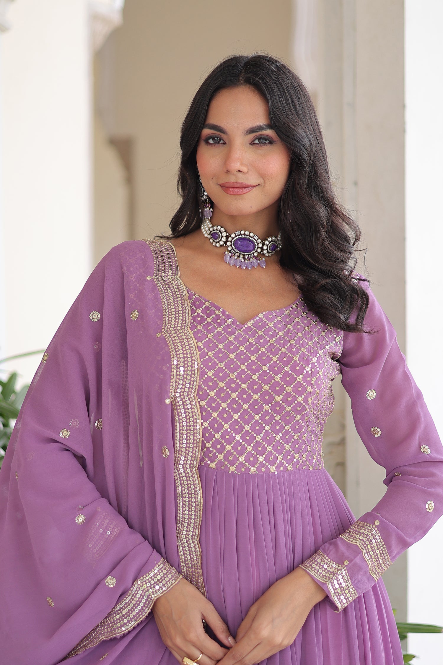 Lavender Faux Georgette Anarkali Gown with Zari & Sequins Work