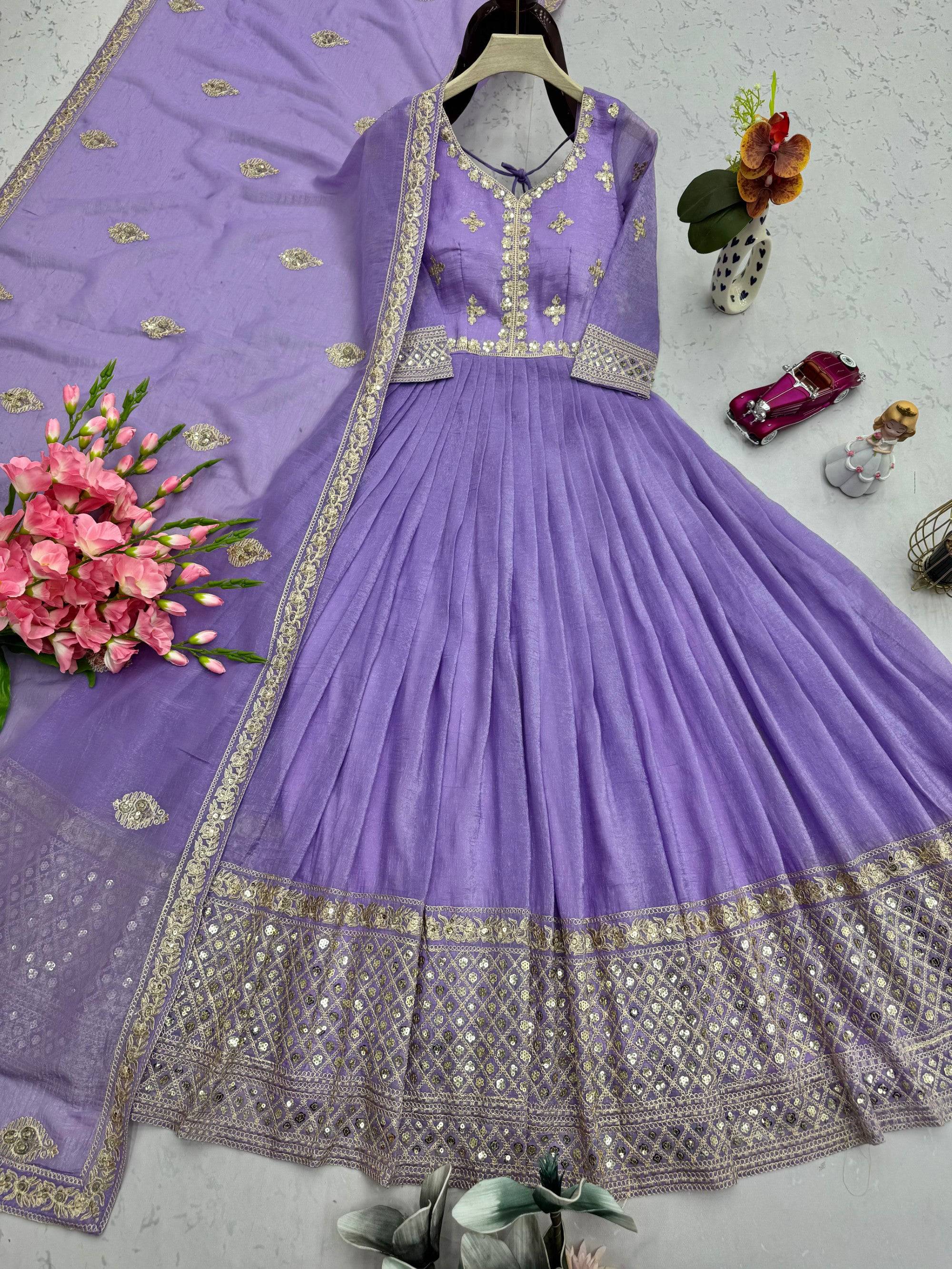 Lavender Crunchy Silk Anarkali Gown with Embroidery and Sequins