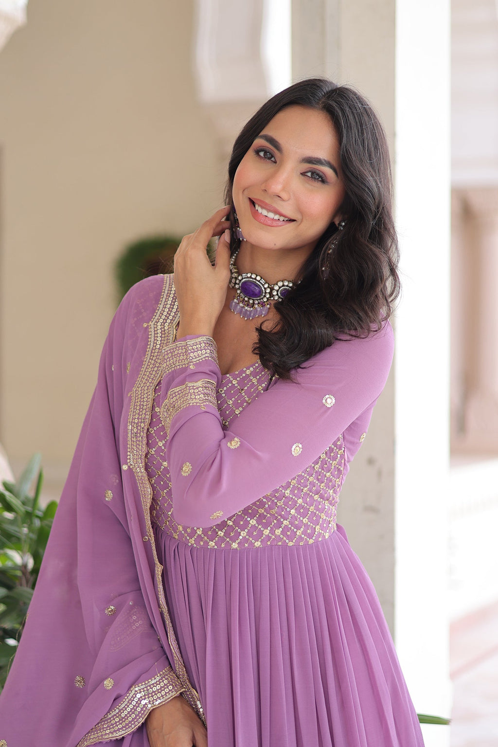 Lavender Faux Georgette Anarkali Gown with Zari & Sequins Work