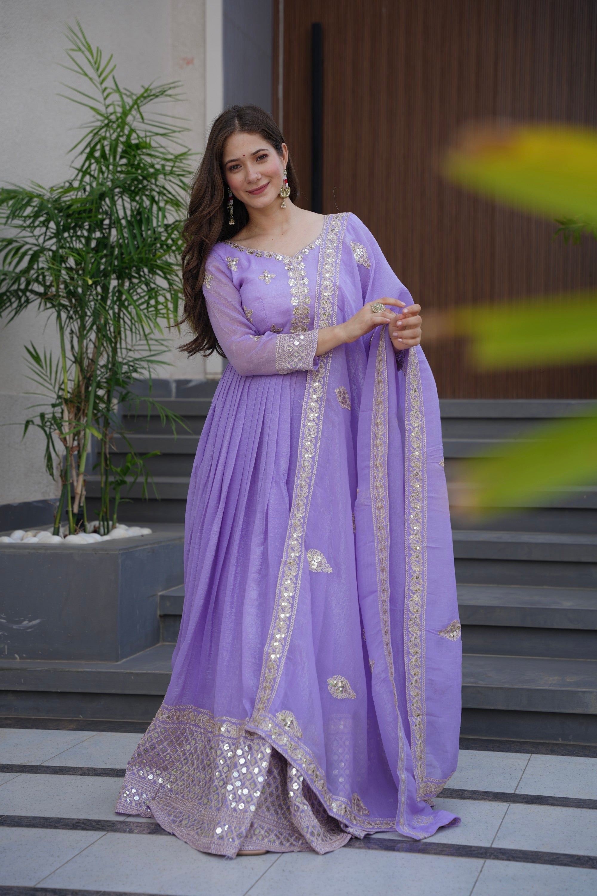 Lavender Crunchy Silk Anarkali Gown with Embroidery and Sequins