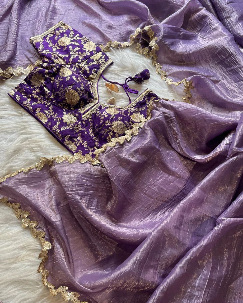 Lavender Tissue Crush Saree with Jacquard Stitched Blouse