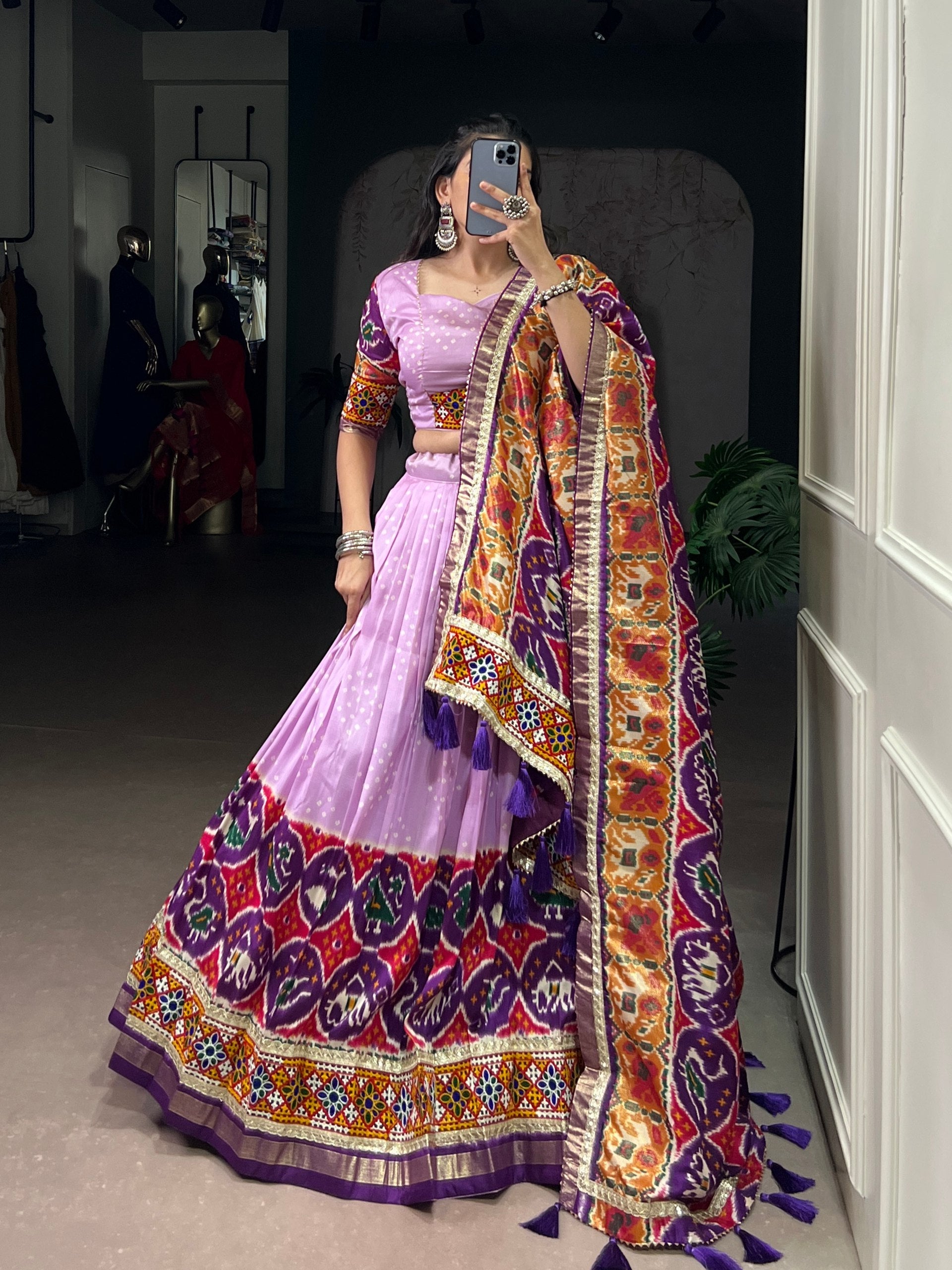 Lavender Tasar Silk lehenga with foil work and real mirror Gamthi details