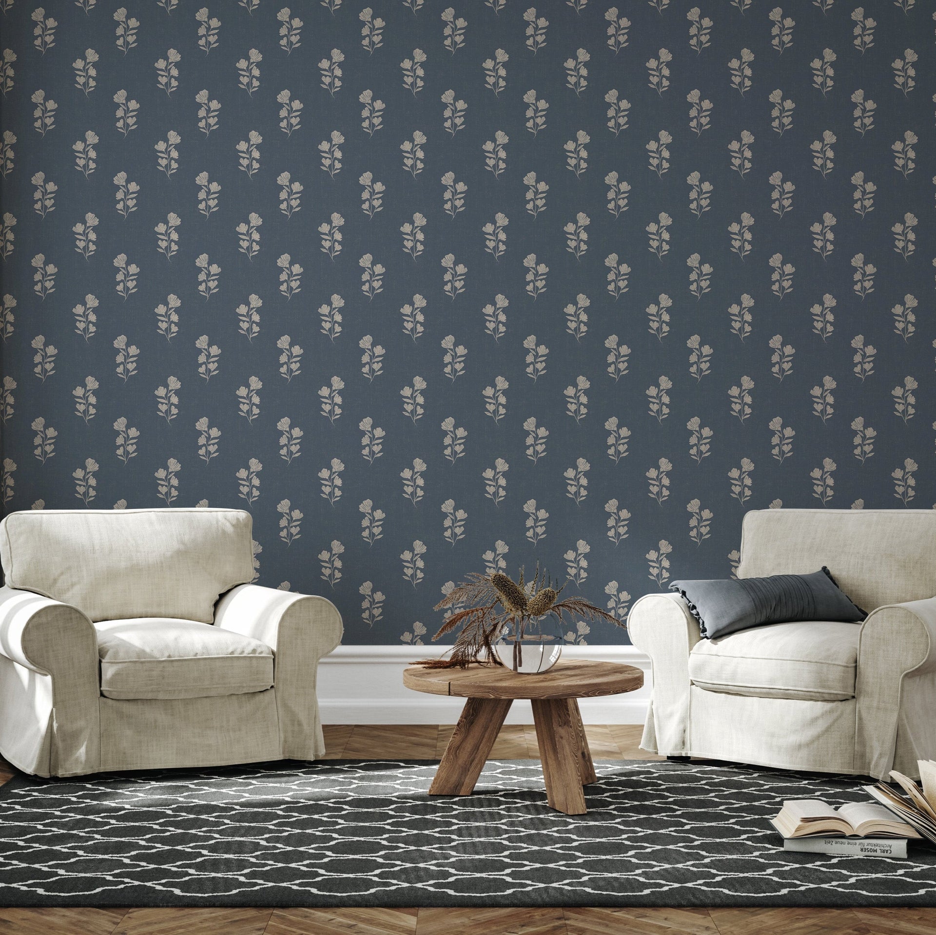 Layne traditional floral wallpaper in navy blue and cream