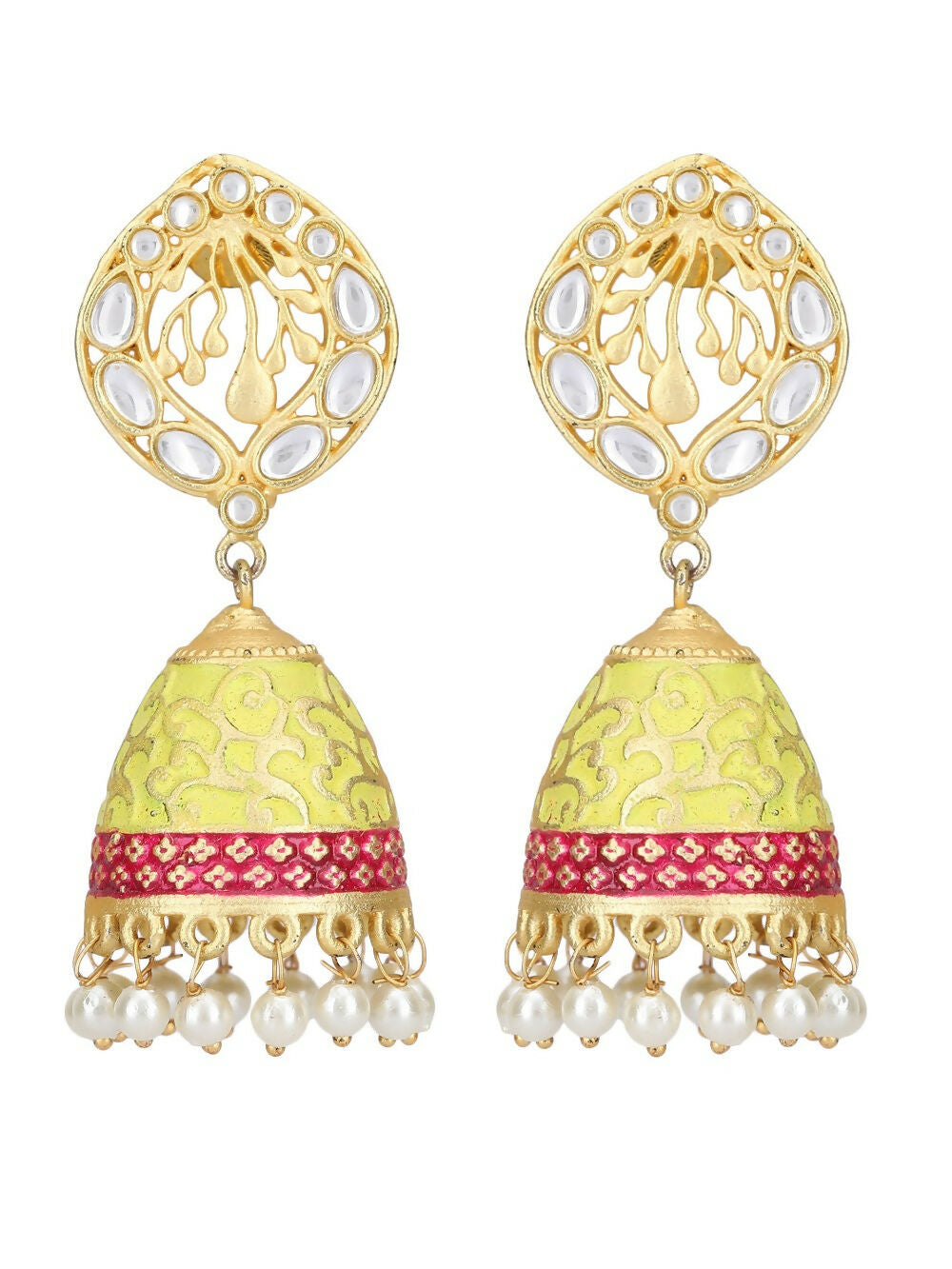 Matte Gold Jhumka Earrings with White Pearls and Crystal Accents