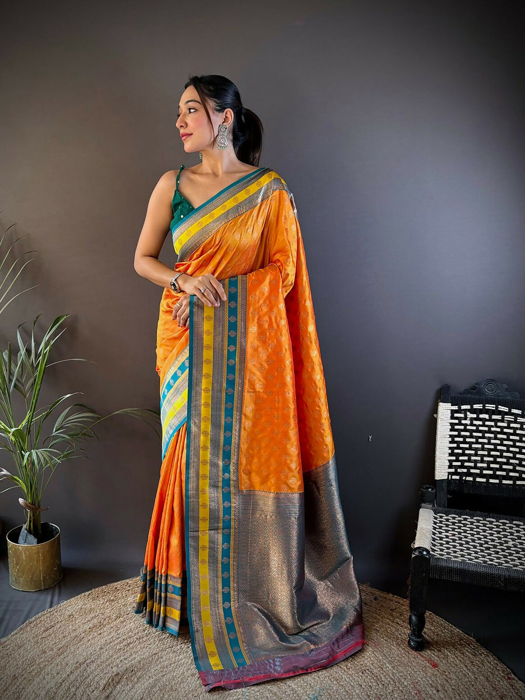 Green Banarasi soft silk saree with delicate butti work and unstitched blouse