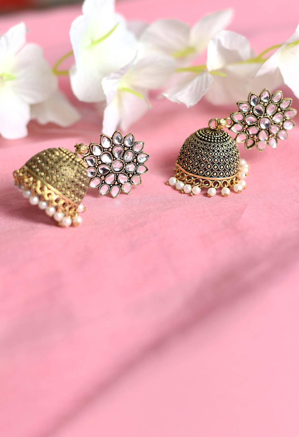 Traditional Kundan Jhumka Earrings with Elegant White Beads