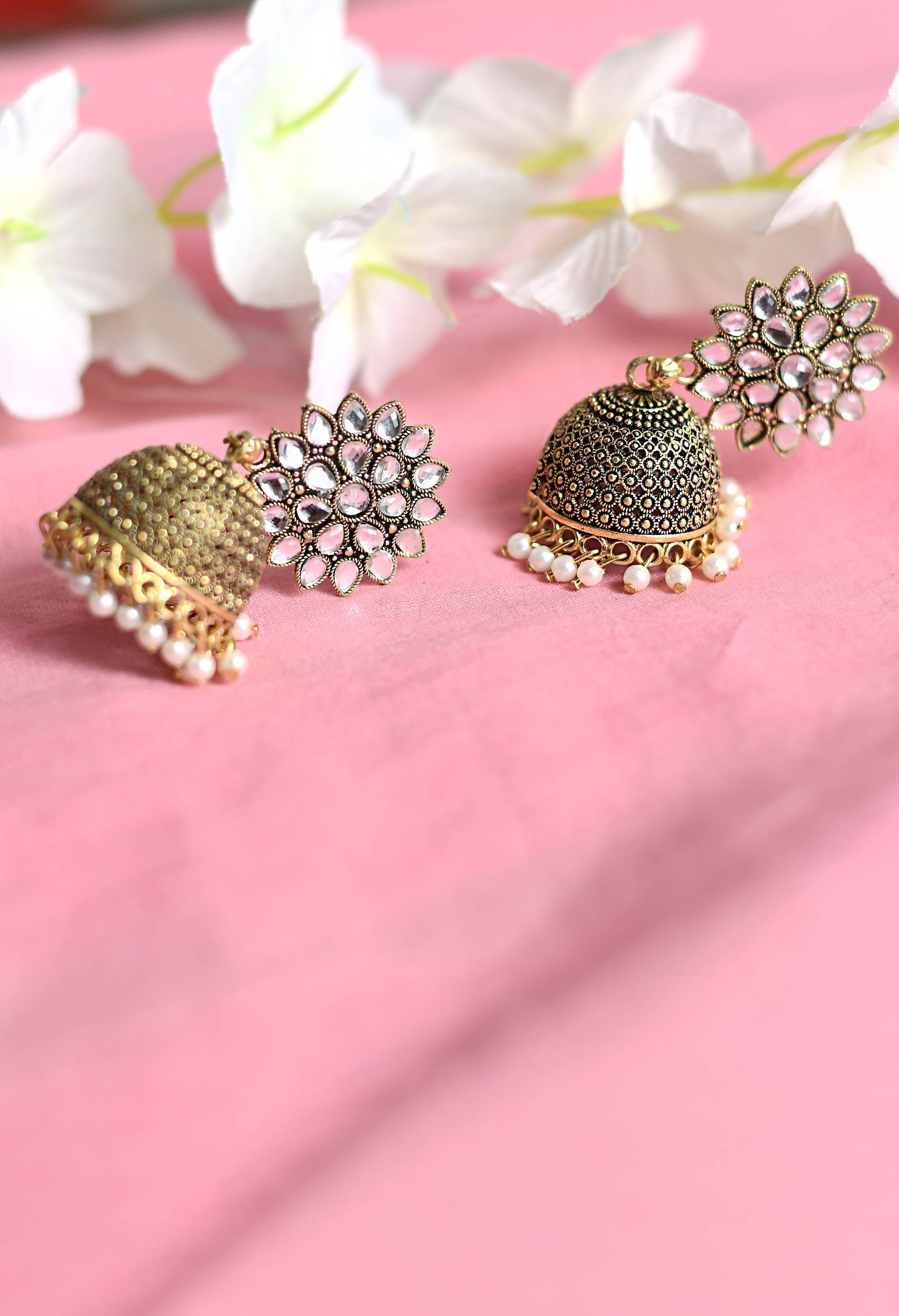 Traditional Kundan Jhumka Earrings with Elegant White Beads