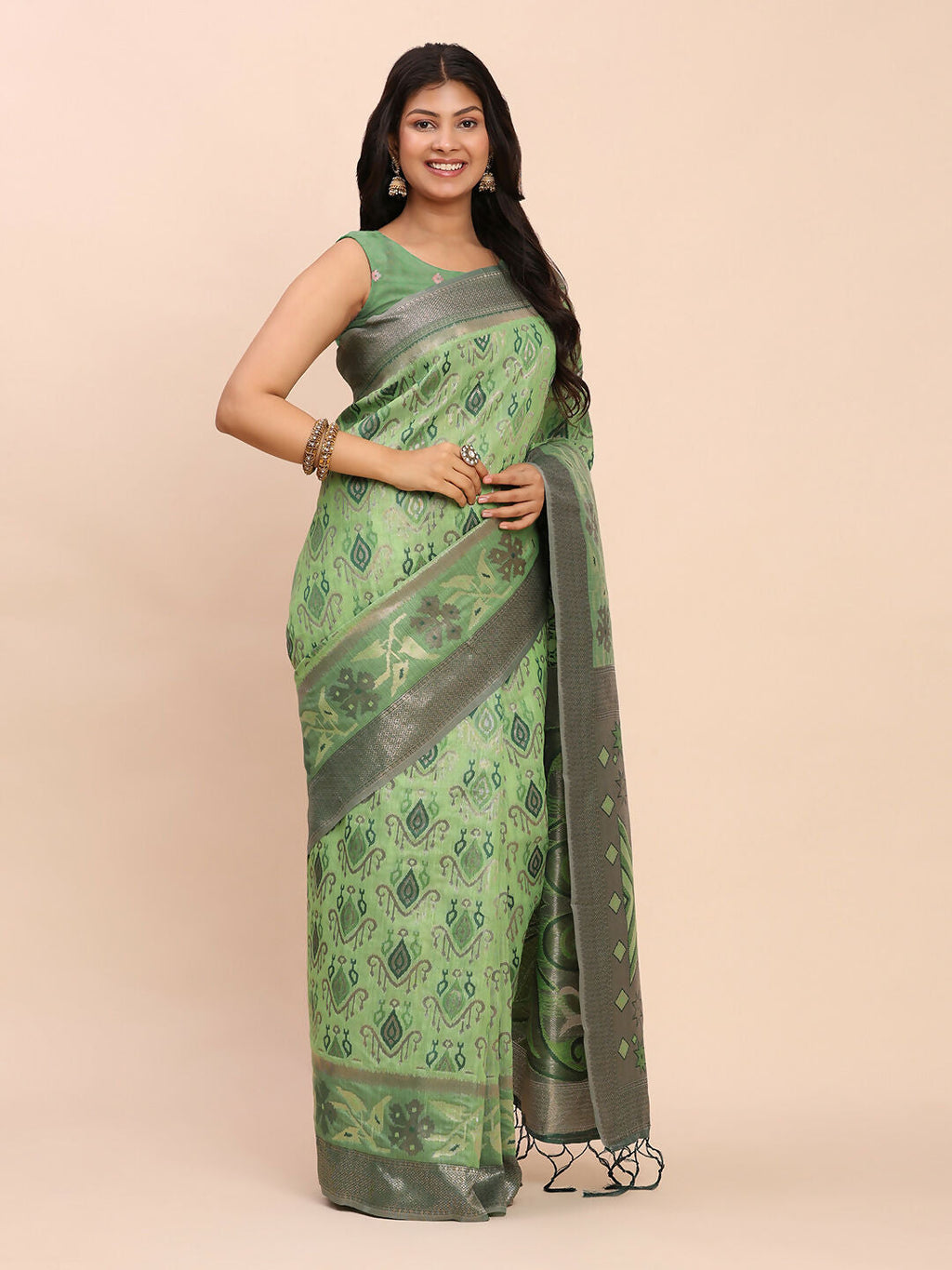 Green Linen Cotton Saree with Matching Blouse Piece