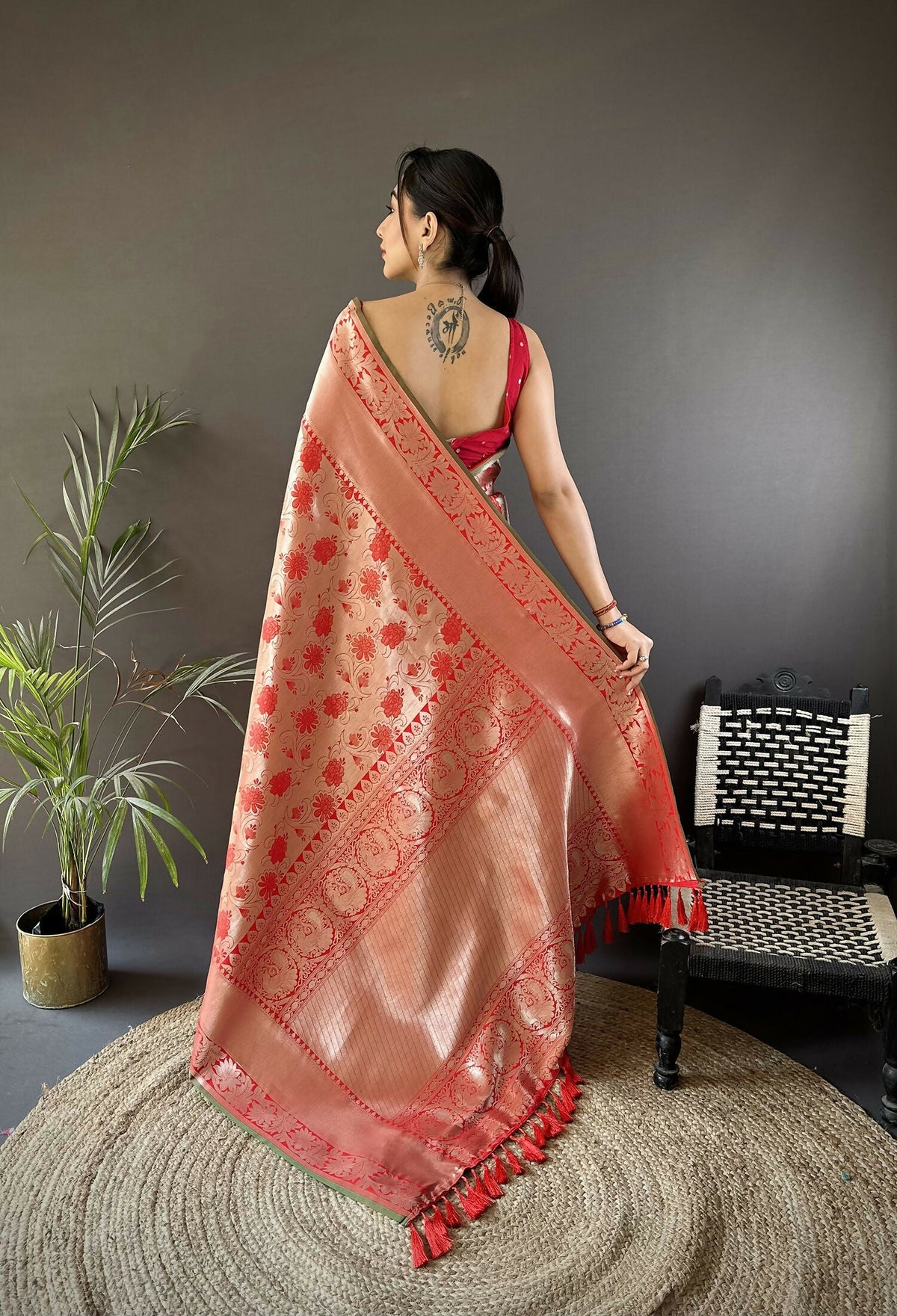 Peach Flower Jall Pattern Soft Silk Banarasi Saree for Women