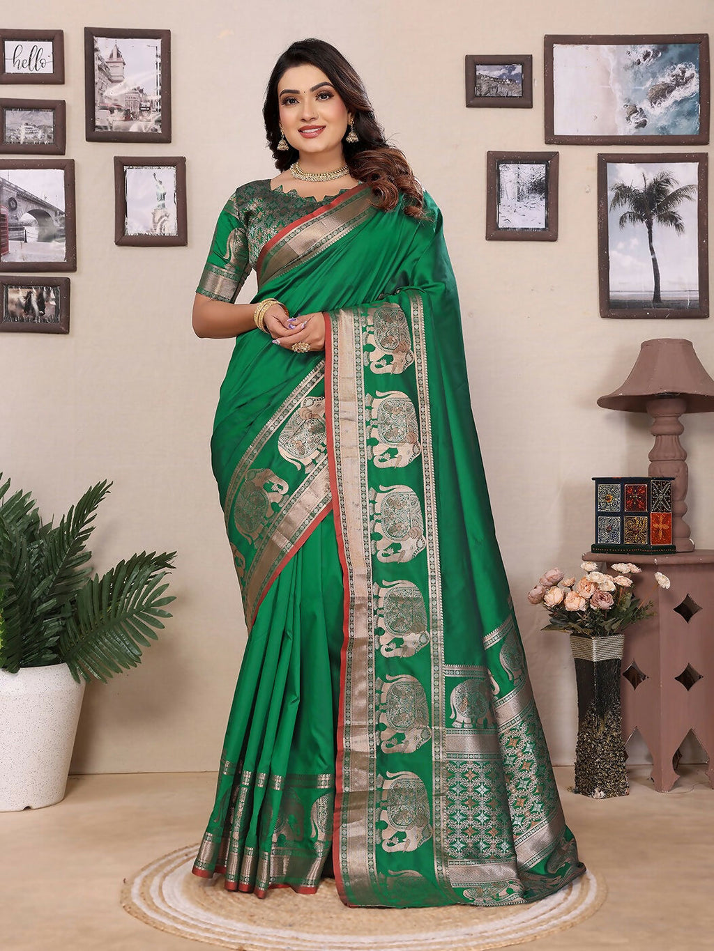 A elegant green solid Banarasi silk saree made from brocade fabric with an unstitched blouse piece.