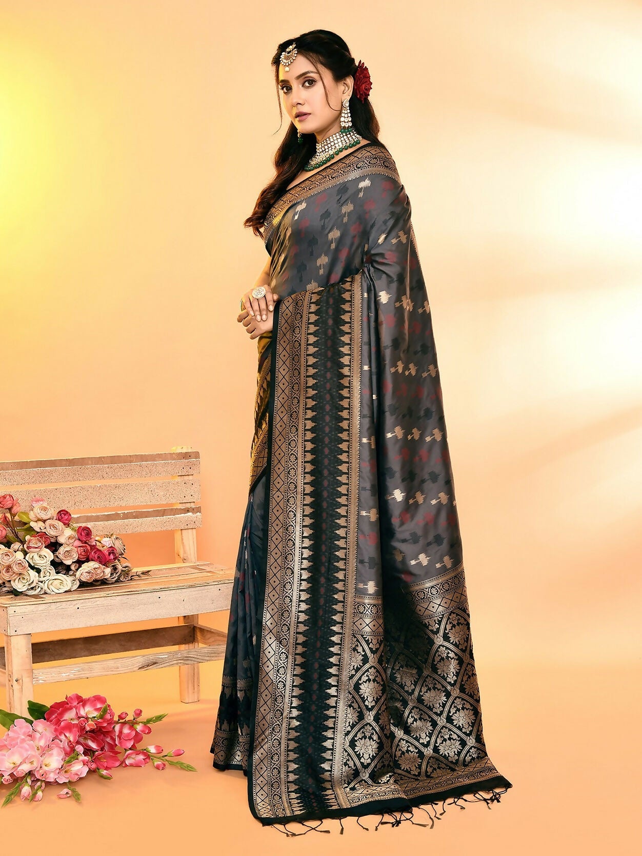 Grey & Black Plain Banarasi Silk Saree with Elegant Weaving Border