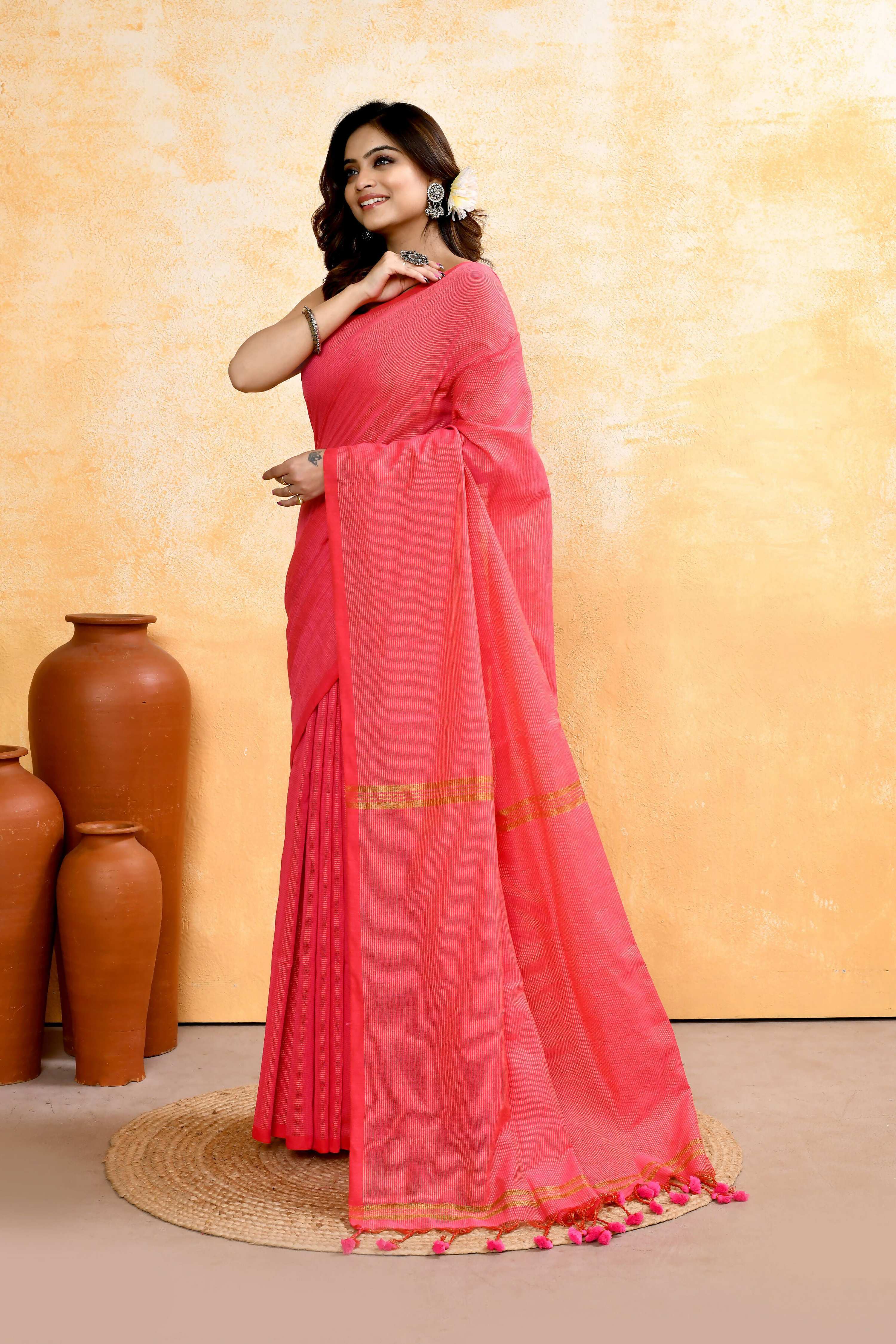 Pink Cotton Blend Handloom Saree with Embellished Zari Check Pattern