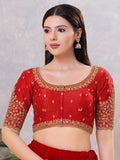 Women's Dark-Red silk embroidered stitched blouse with elbow length sleeves and round neck
