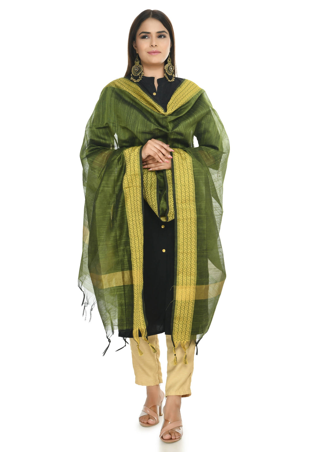 Moeza Handloom Cotton Dupatta in Mehndi Green color draped elegantly
